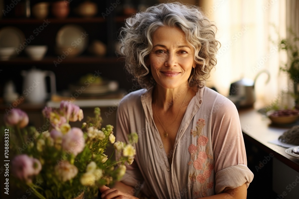 Portrait of a smiling middle-aged woman with gray hair and wrinkles Portrait of a smiling middle-aged woman with gray hair and wrinkles