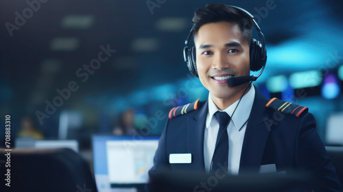 Asian smiling male dispatcher in headphones in uniform sits at the airport at the computer monitor. photo
