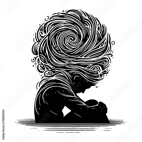 hard working job stress man black silhouette scribble above head carrying heavy burden on his back family financial problem suffering tired sad vector unhappy staff employee depression mental disorder