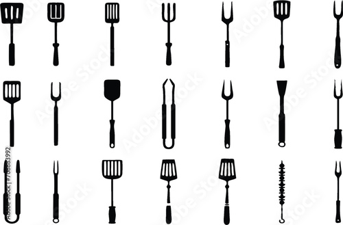 Barbecue fork and spatula flat icons on white background. Barbecue tongs and fork in editable vector, easy to change color or size. eps 10. photo