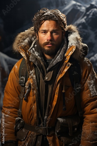 Photo Realistic of a Rugged Outdoorsman in a Fur-Lined Parka and Hiking Boots, Generative AI