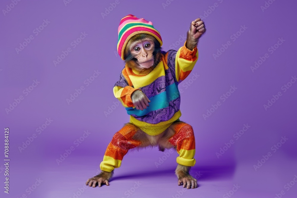 Monkey wearing colorful clothes dancing on purple background Monkey wearing colorful clothes dancing on purple background