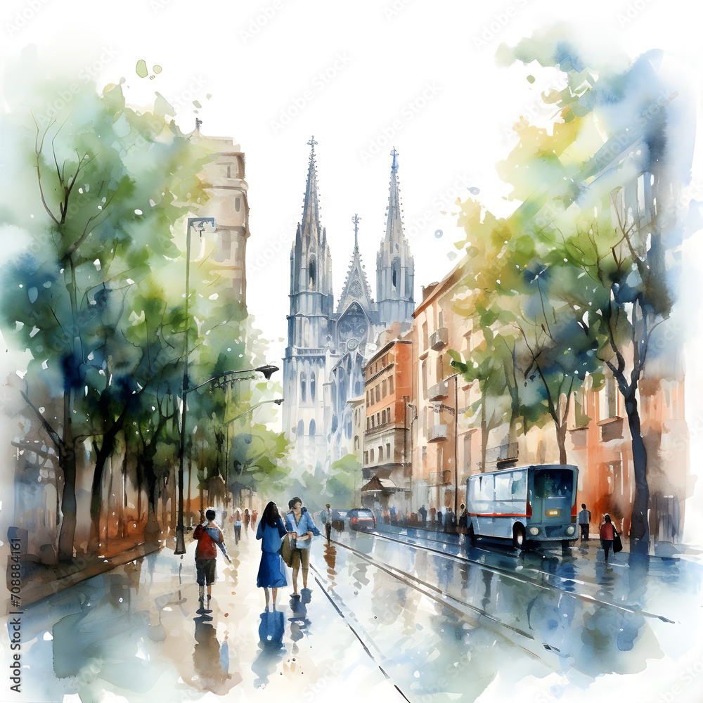 Obraz premium Barcelona Spain watercolor illustration, Europe scenes