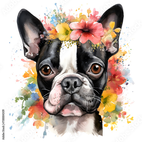 Boston Terrier dog with flowers watercolor illustration