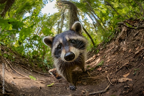 Close up portrait of a curious racoon made with fisheye lens in the forest