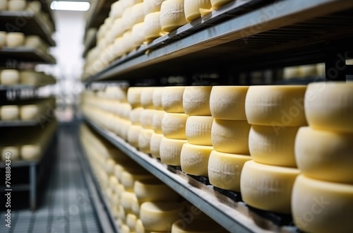 Cheese matures in a special room at the factory production and storage large room filled.