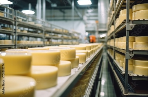 Cheese matures in a special room at the factory production and storage large room filled. © Eyepain