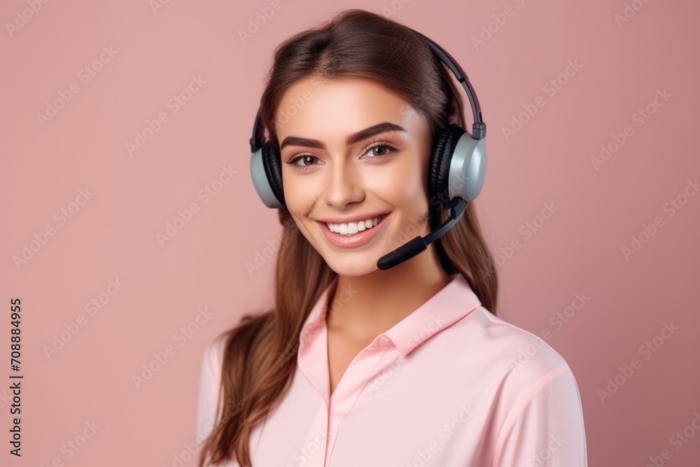 Smiling Customer Service Representative with Headset in Office Smiling Customer Service Representative with Headset in Office