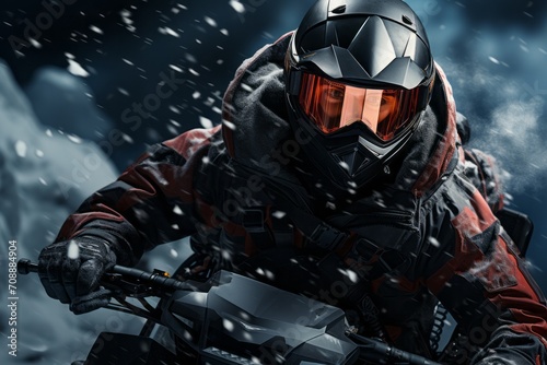 Photo Realistic of a Snowmobiler in a Snowmobile Suit and a Face Mask, Generative AI