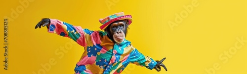 Funny monkey dancing on yellow background. Banner