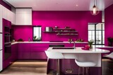  a modern kitchen space exuding sophistication with a prominent viva magenta wall, perfectly lit to accentuate its elegance. 