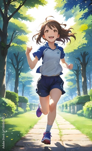 Little girl in athleticgear with school logo running in a park photo