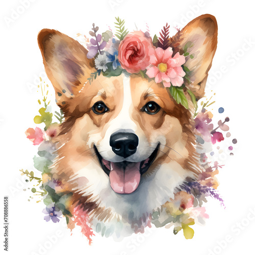 Pembroke Welch Corgi with flowers watercolor illustration