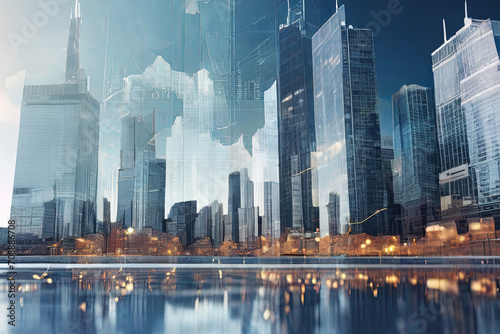 Financial Fusion. Double exposure of virtual financial diagrams seamlessly blending with office buildings, illustrating the synergy of banking and accounting concepts.