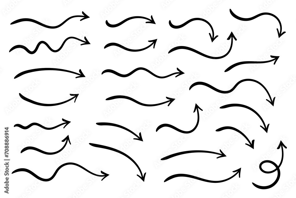 Set of vector curved arrows hand drawn. Sketch doodle style. Collection of pointers. Set of vector curved arrows hand drawn. Sketch doodle style. Collection of pointers.