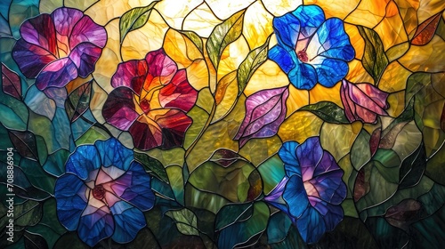 Stained glass window background with colorful Flower and Leaf abstract © soysuwan123