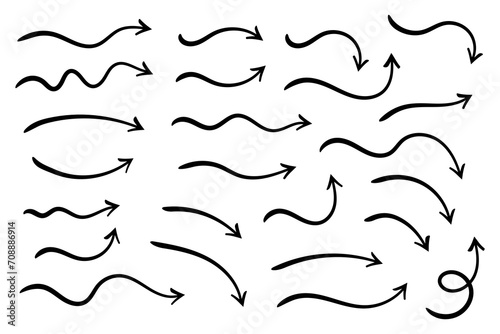 Set of vector curved arrows hand drawn. Sketch doodle style. Collection of pointers.