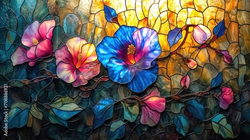 Stained glass window background with colorful Flower and Leaf abstract photo