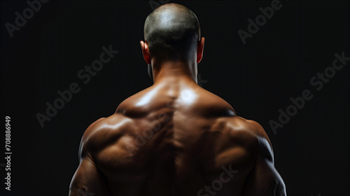 Powerful back muscles of a bald man on dark background