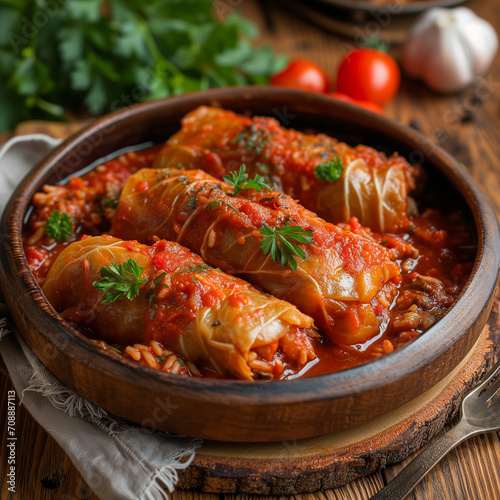 Holubtsi (stuffed cabbage rolls), filled with rice and meat, cooked in tomato sauce, hearty Ukrainian cuisine photo