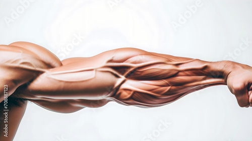 Photographie Close-up of a male arm with highly defined muscles against a white background