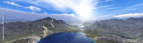 Beautiful mountain landscape, panorama of mountain lakes, mountains at sunset, 3D rendering