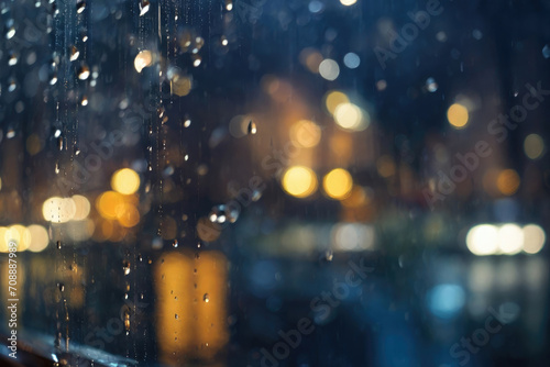 Drops of rain on window with abstract bokeh night city lights