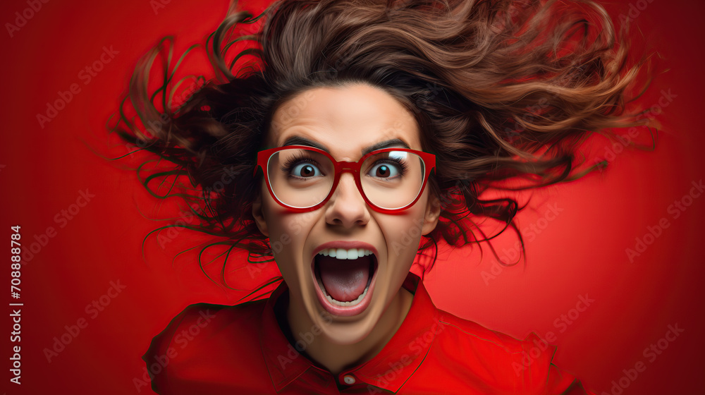 Excited Woman with Glasses on Red Background Expressing Surprise