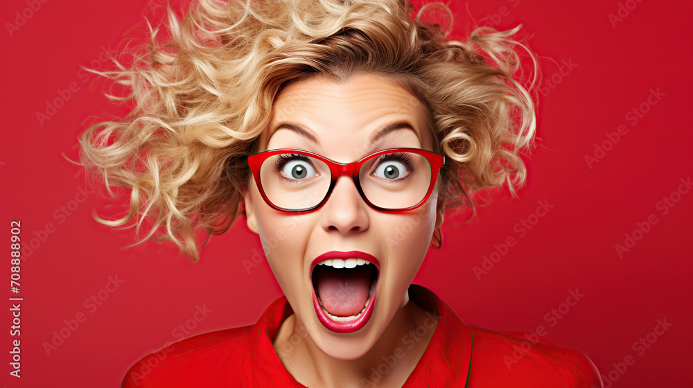 Excited Woman with Glasses on Red Background Expressing Surprise