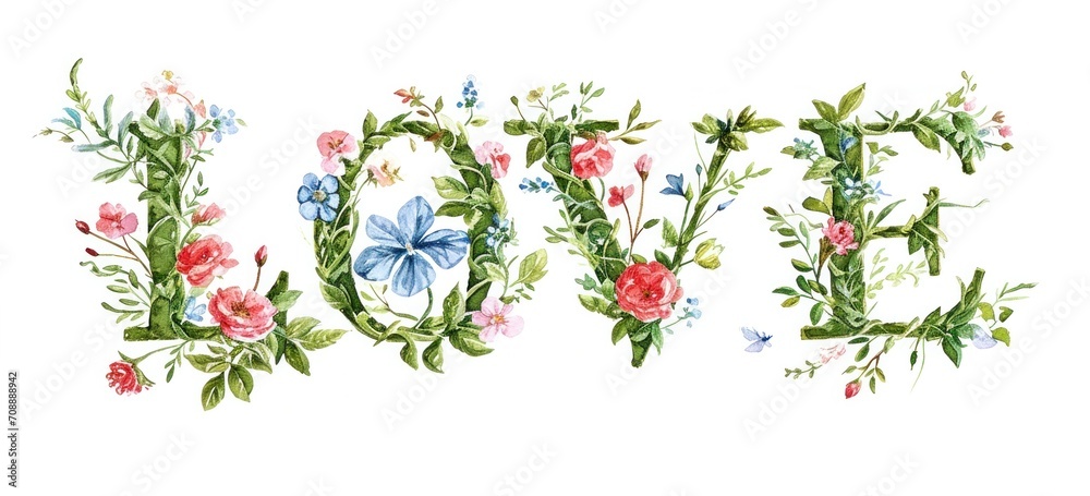 Floral alphabet design spelling love with vibrant botanicals. Artistic decoration.