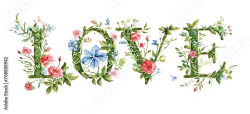 Floral alphabet design spelling love with vibrant botanicals. Artistic decoration.