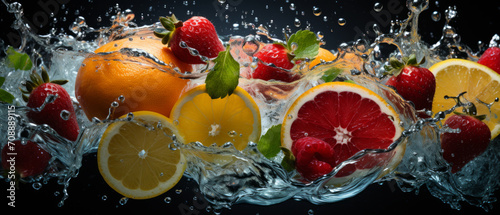 Fototapeta Naklejka Na Ścianę i Meble -  Close-up of ripe, fresh citrus fruits like orange, lemon, and lime splashing water.