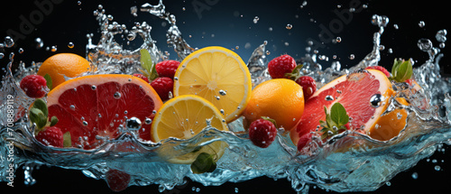 Close-up of ripe  fresh citrus fruits like orange  lemon  and lime splashing water.