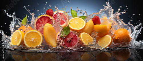 Close-up of ripe  fresh citrus fruits like orange  lemon  and lime splashing water.