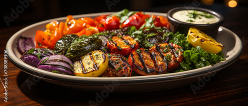 Grilled vegetable assortment with zucchini, bell peppers, and mushrooms, served on a wooden plate.