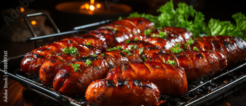 Succulent sausages sizzling in a pan with herbses.