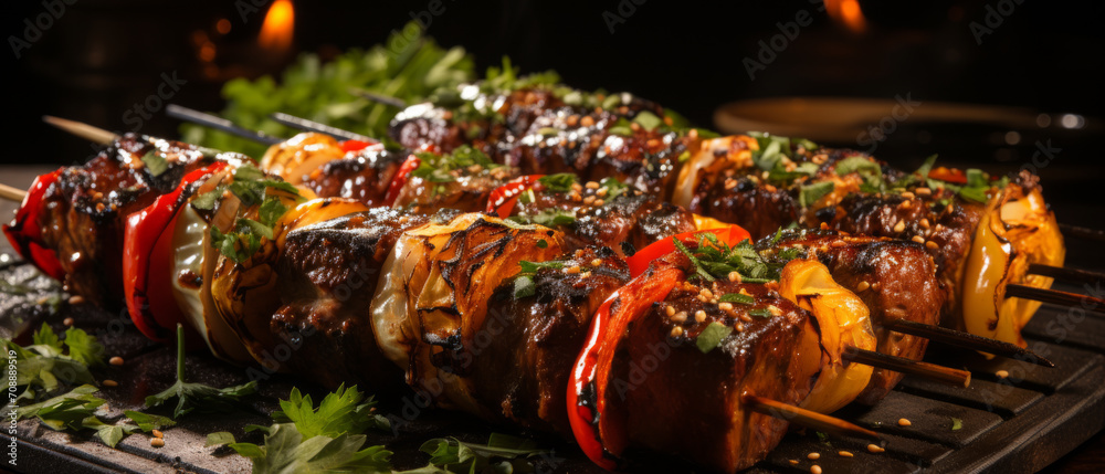 Juicy shashlik skewers grilling over hot coals, with a mix of marinated beef and pork. - obrazy, fototapety, plakaty 