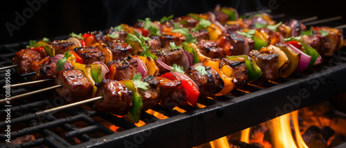 Close-up of sizzling meat kebabs on skewers  with vegetables and smoke in the background.