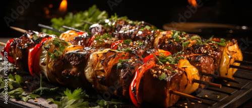 Juicy shashlik skewers grilling over hot coals, with a mix of marinated beef and pork. photo