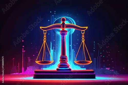Close up detail of the scales of justice. Scales for weighing, libra, justice isolated on neon background. International Justice Day July 17. Legal social justice concept. Black truth balancing photo