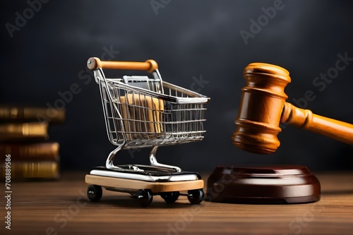 World consumer rights day march 10 Shopping cart and judge gavel for consumer rights concept. International Justice Day July 17. Legal social justice concept. Perfect for poster banner template design photo