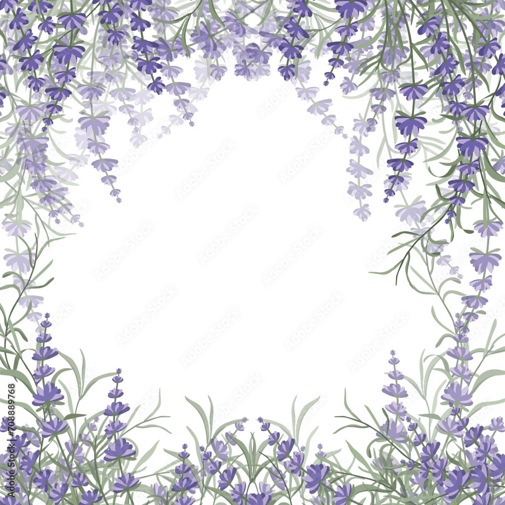 Floral purple-lavender border made of lavender flowers and leaves, for the design of postcards, invitations, banners, packaging and wallpaper. A frame for your design. Vector illustration