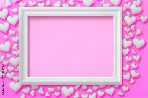Valentines Day mockup with white frame on pink background with hearts. Copyspace greeting card © Михаил Таратонов