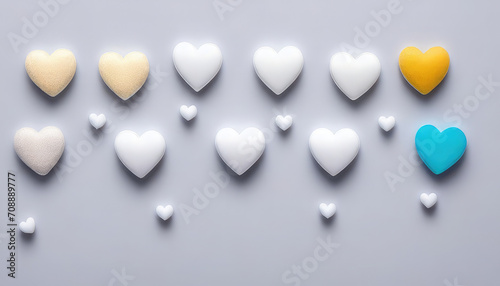 Many white hearts grey background. Flatlay for Saint Valentines day. Composition of love