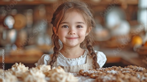 This is a picture of a joyful, loving Asian family with a toddler Asian girl as her daughter and the father cooking together on the kitchen table while making homemade cake and cookie dough.