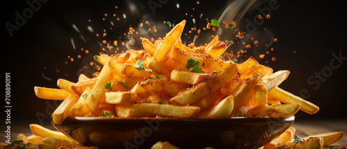 Close-up of golden  freshly cooked French fries on a rustic plate  served with sauce.