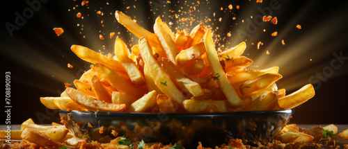 Close-up of golden  freshly cooked French fries on a rustic plate  served with sauce.