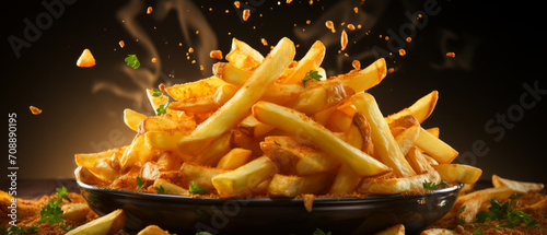 Close-up of golden  freshly cooked French fries on a rustic plate  served with sauce.