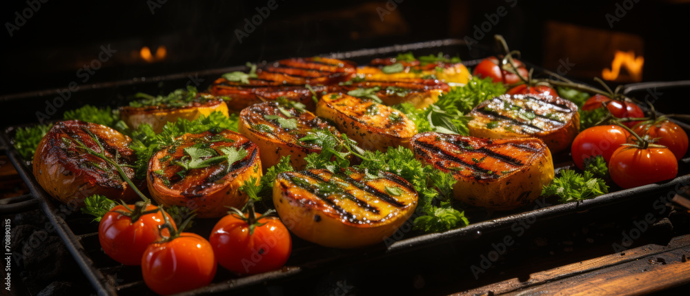 Delicious and colorful grilled vegetables served as a hot dinner or lunch dish.