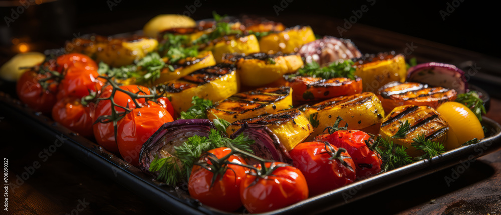 Delicious grilled vegetables including zucchini, bell peppers, and tomatoes, beautifully arranged on a rustic table.